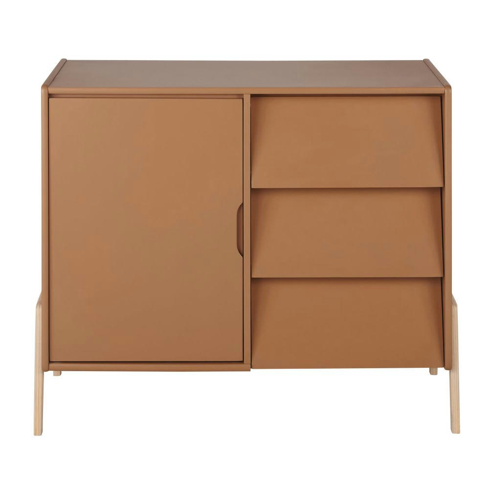 Mimizan - Commode double compatible plan à langer 1 porte 3 tiroirs marron caramel