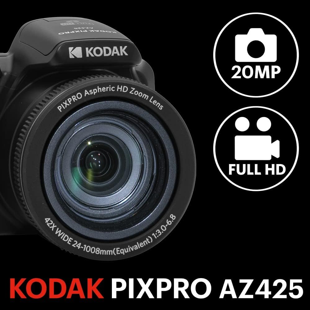 Kodak PIXPRO AZ425-BK 20MP Digital Camera  42X Zoom  24mm Wide Angle Lens  Image Stabilization  1080p Full HD Video  3 LCD  Black