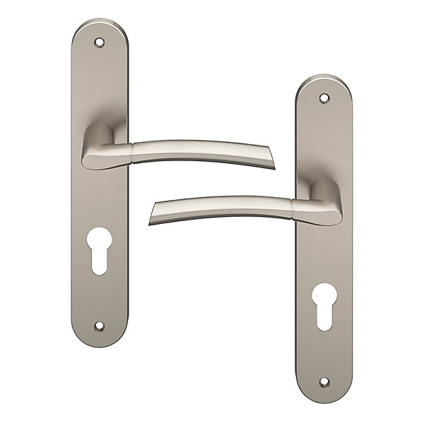 Ensemble poignée sur plaque extérieur rond cylindre GoodHome Hirel effet nickel satin gris chromé L.128mm x l.40mm entraxe 195mm
