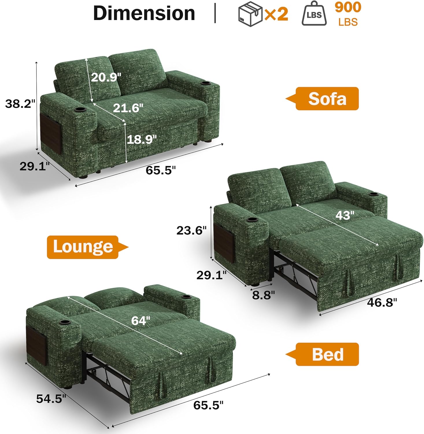 Vipbear 65 Loveseat Sleeper Sofa with Pull Out Bed, Chenille 3-in-1 Convertible Sofa Bed with Reclining Backrest|USB Ports|Cup Holders|Side Table|Storage Armrests, Tool Free Assembly, Green