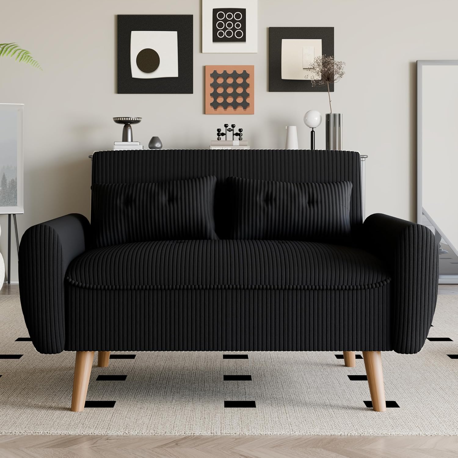 Vongrasig 48 Small Modern Loveseat Sofa, Mid Century Soft Corduroy Fabric 2-Seat Sofa Couch Tufted Love Seat with Back Cushions and Tapered Legs for Living Room, Bedroom and Small Space (Black)