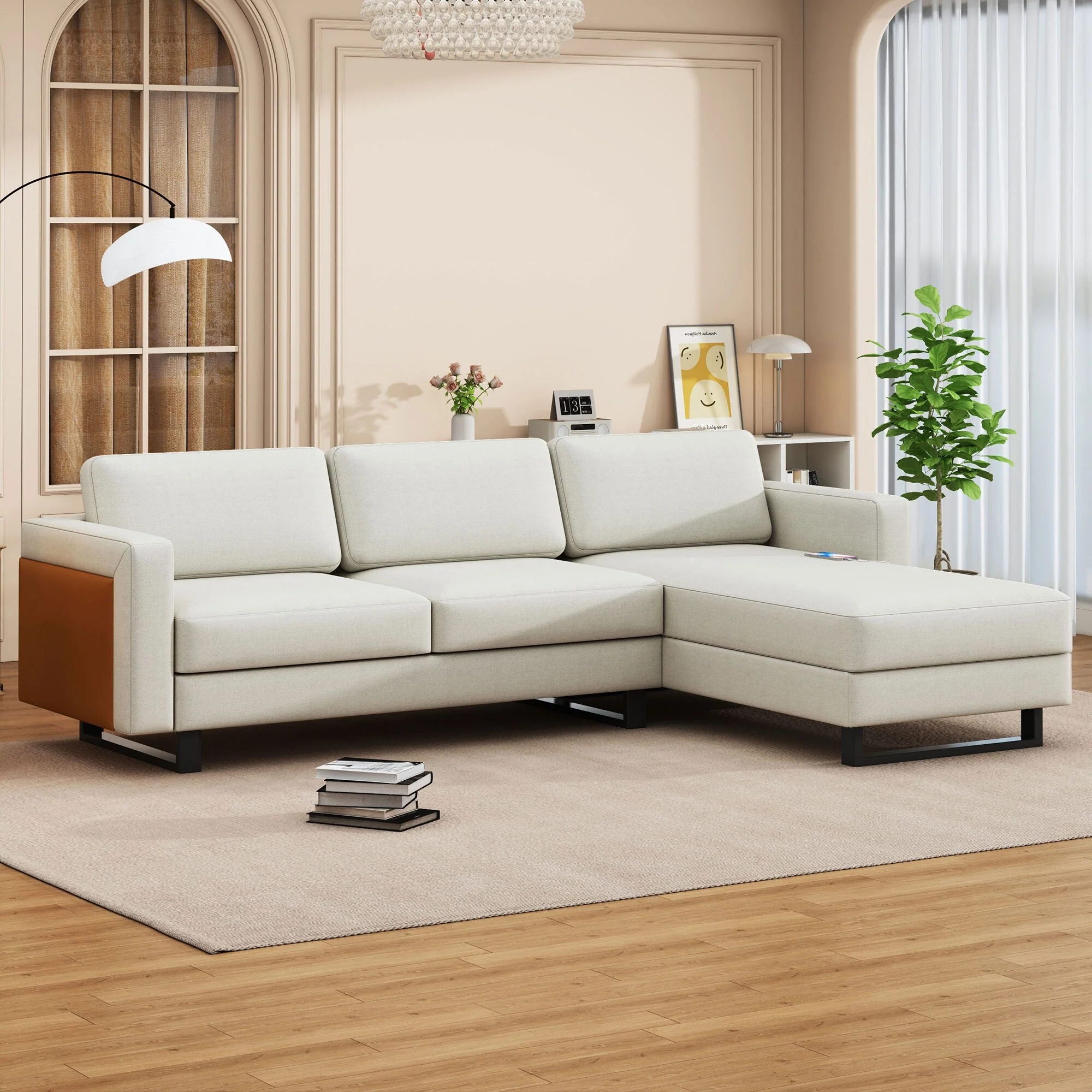 100'' L-Shaped 3-Seat Sectional Sofa Featuring USB Ports, Chaise, and Reversible Armrests for Living Space or Office