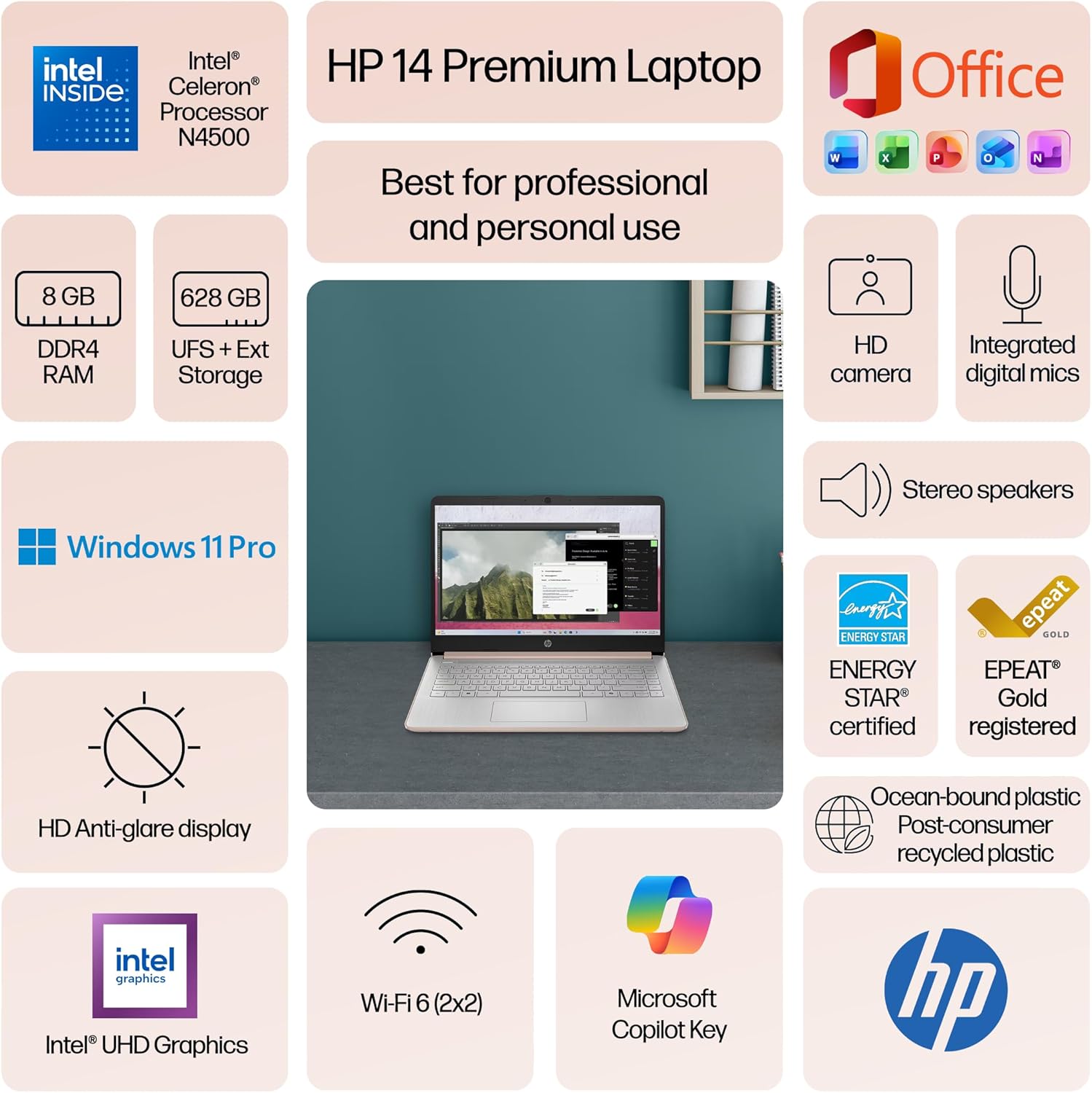 HP Flagship 14 Laptop Computer for 2026 Student Business, Win 11 Pro, Copilot AI, Intel CPU Up to 2.8GHz, 8GB RAM, 628GB Storage (128GB SSD+500GB Ext), Wi-Fi 6, HubxcelAccessory, MS Office, Rose Gold