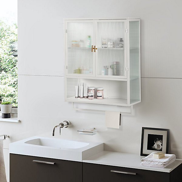 Armoire Murale Moderne avec Portes Vitrées et Porte-Serviettes, Meuble Mural avec étagères - 60x23x78 cm - Blanc, Verre Métal