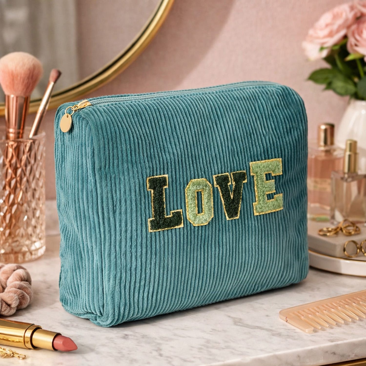 Pochette trucchi Love verde con cerniera Bloomy Collection