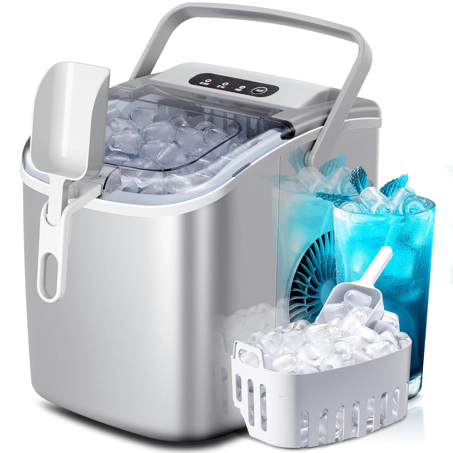 Crzoe Countertop Ice Maker Machine with Handle,26Lbs/24H,9 Cubes Ready in 6 Mins,Self-Cleaning Function with Ice Scoop and Basket for Home/Office(Grey)
