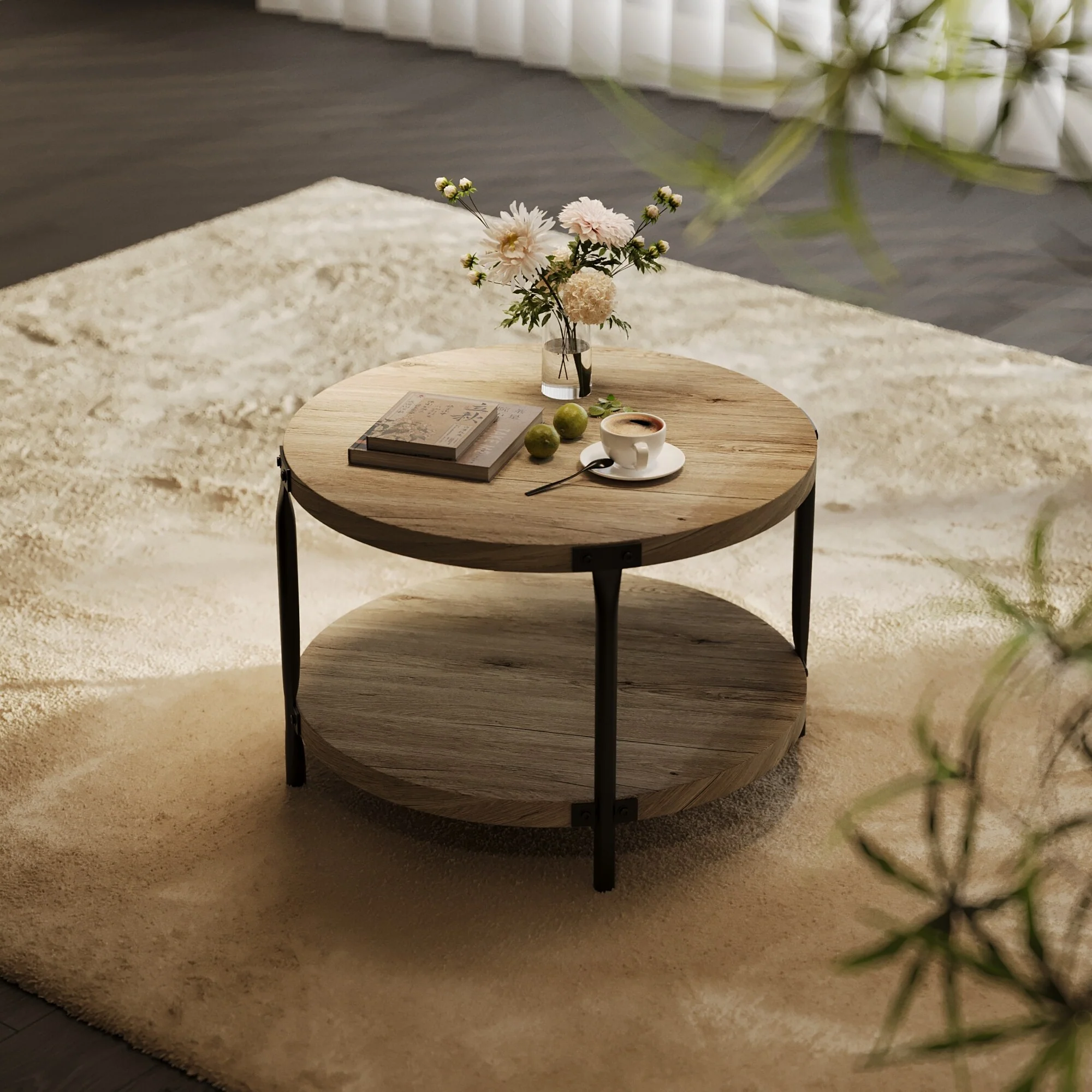 Modern minimalist style circular Bohemian coffee table, 31.4''natural circular wooden double-layer coffee table