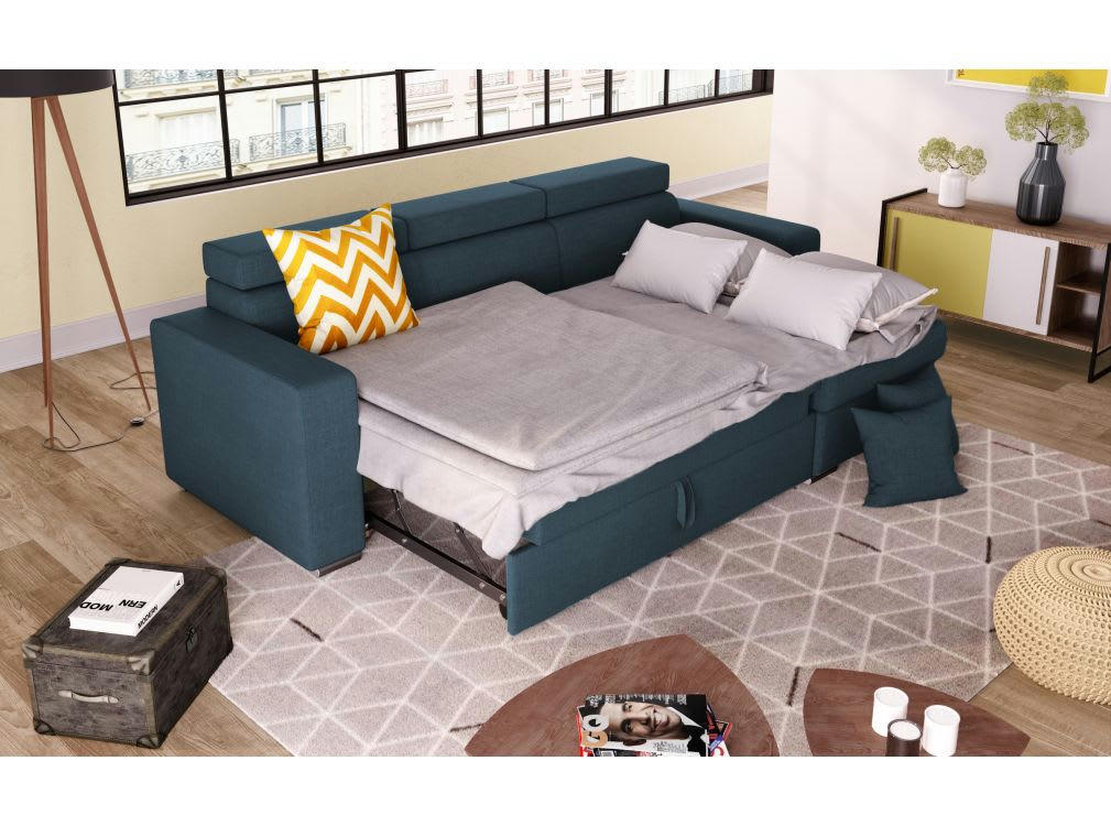 LESLIE - Canapé d'angle convertible et Réversible en Tissu -Bleu pétrole