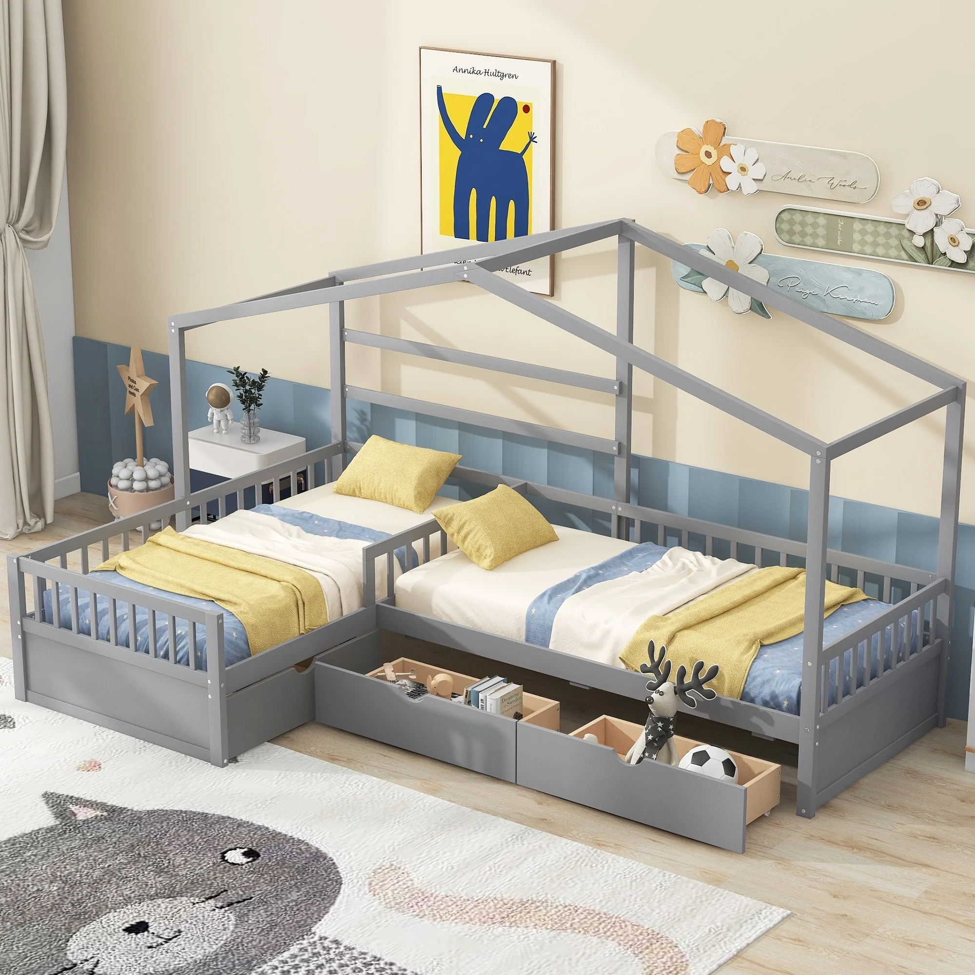 Double Twin L-Shaped House Platform Bed with Drawers and Guardrail