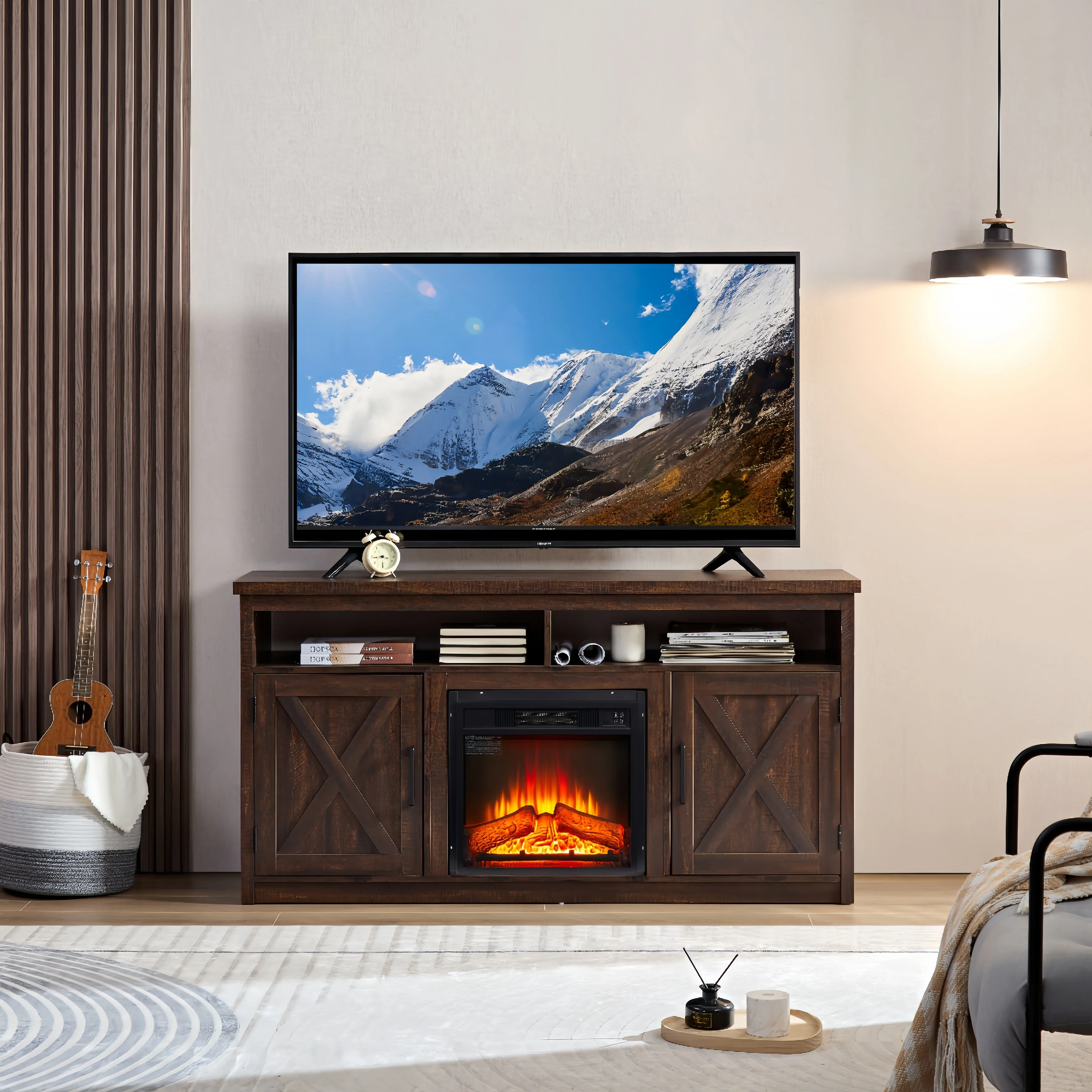 Roomfitters Farmhouse Fireplace TV Stand for TVs up to 65, Rustic Entertainment Center with Electric Fireplace