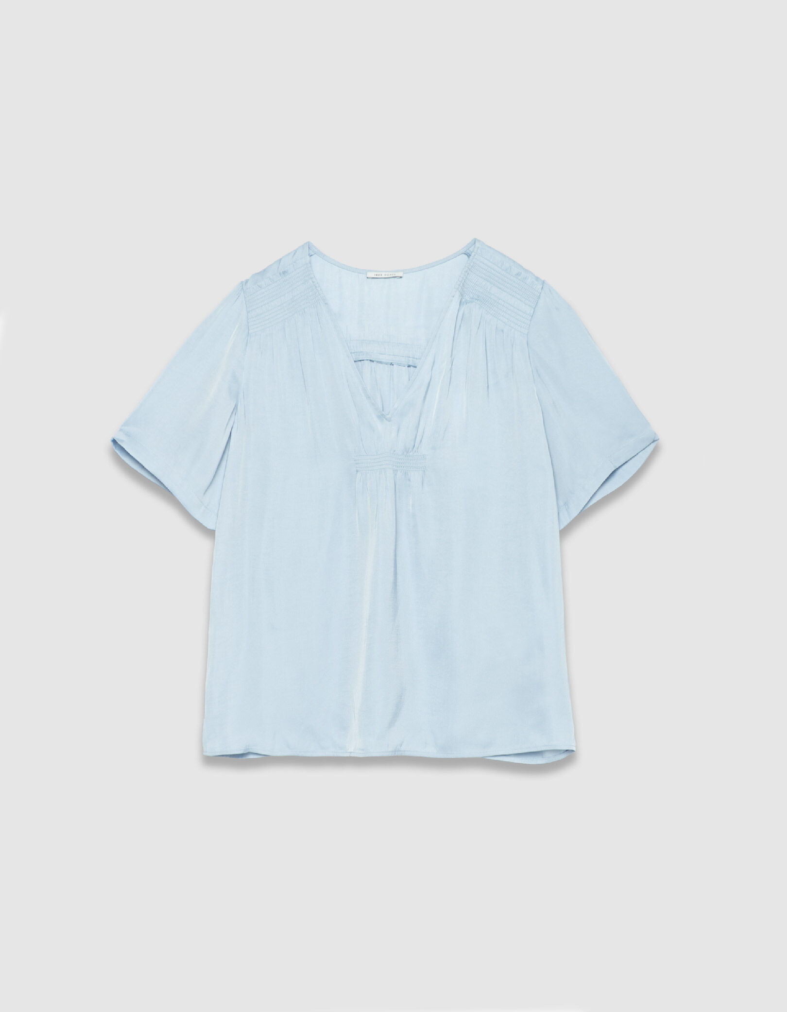 Top bleu satiné détails smocks Femme