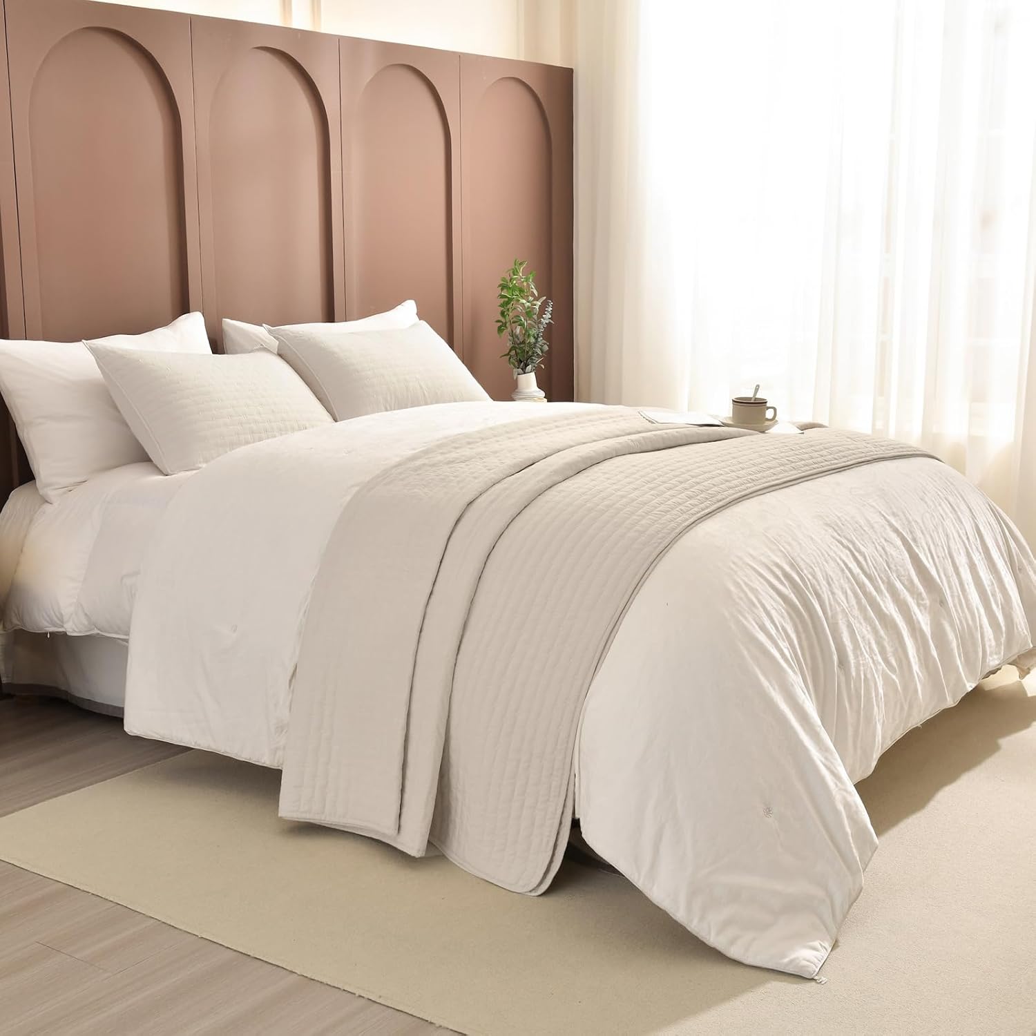 Sanracie Oversized Cal King Bedspread 128*120 for Extra Bed, 3pcs 100% Cotton Quilt Wheat Colored Ultra Large Wide Oversized King Plus Coverlet Thin Comforter Ultra Soft and Cozy