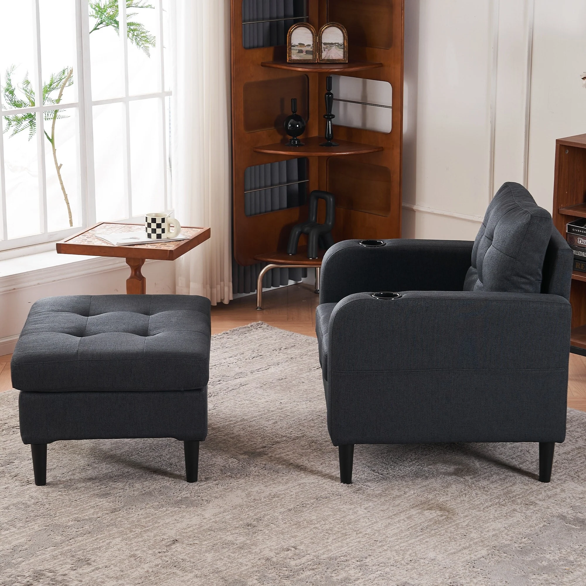 Upholstered Armchair and Storage Ottoman Set - Comfortable Single Sofa with Cup Holders and Tufted Detailing