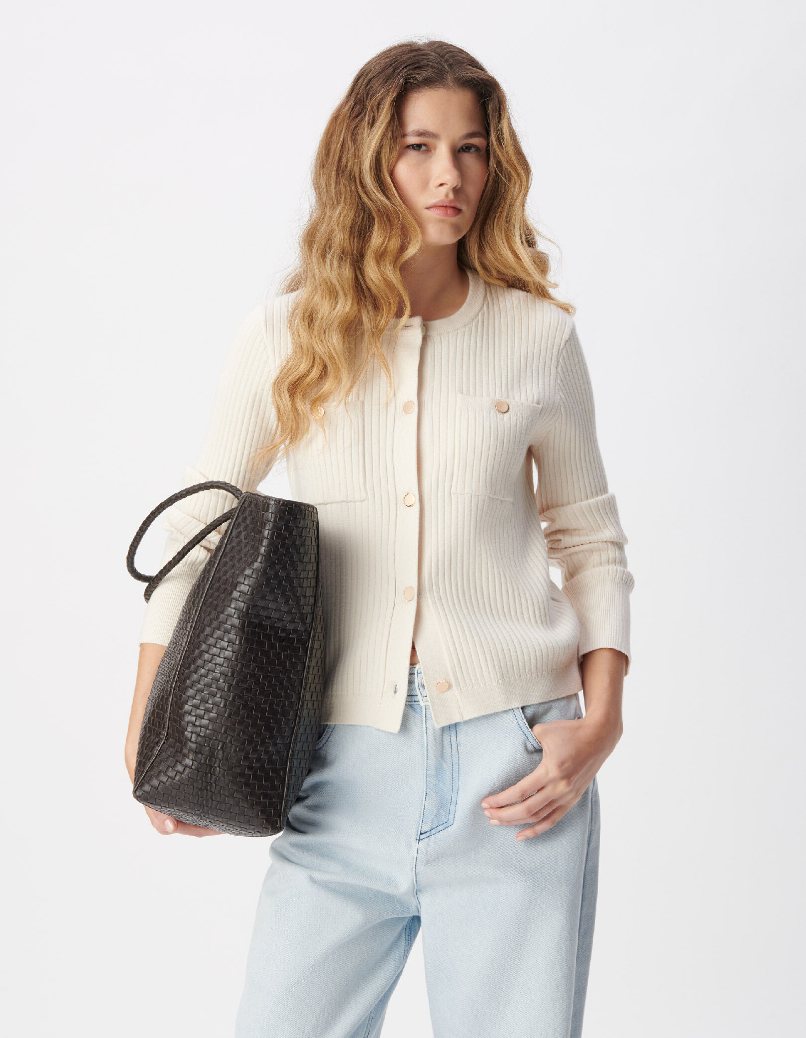 Cardigan manches longues écru tricot côtelé Femme