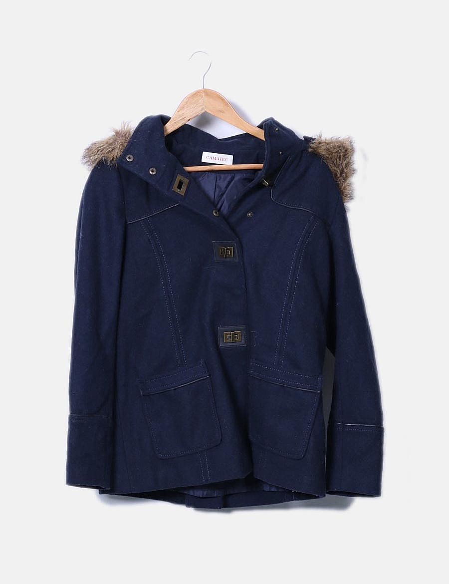 Camaïeu Navy blue trench coat with fur on the cap