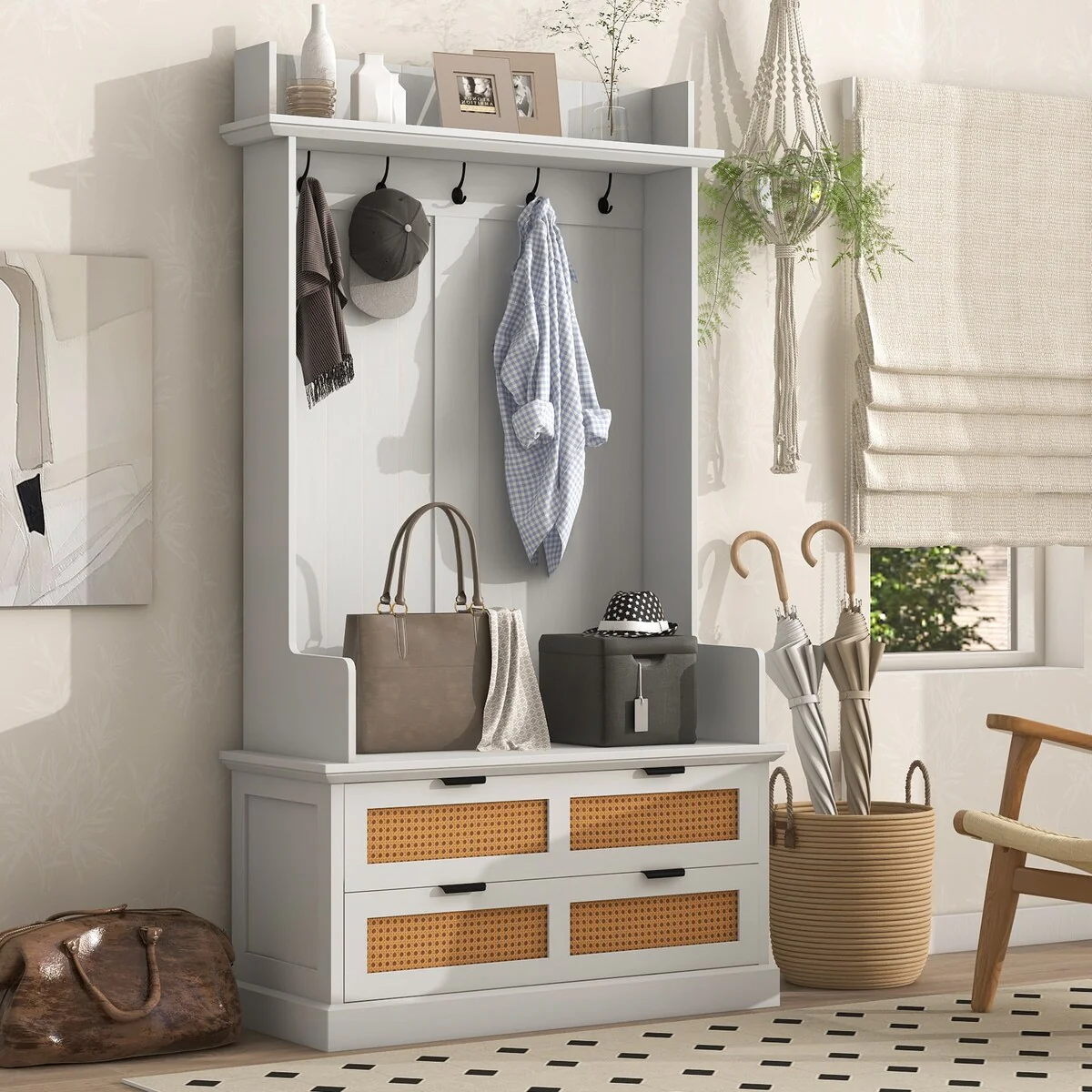 Mudroom Hall Tree with 5 Metal Hooks and 2 Large Rattan Element Drawers, Wooden Hallway Coat Rack with Storage Bench