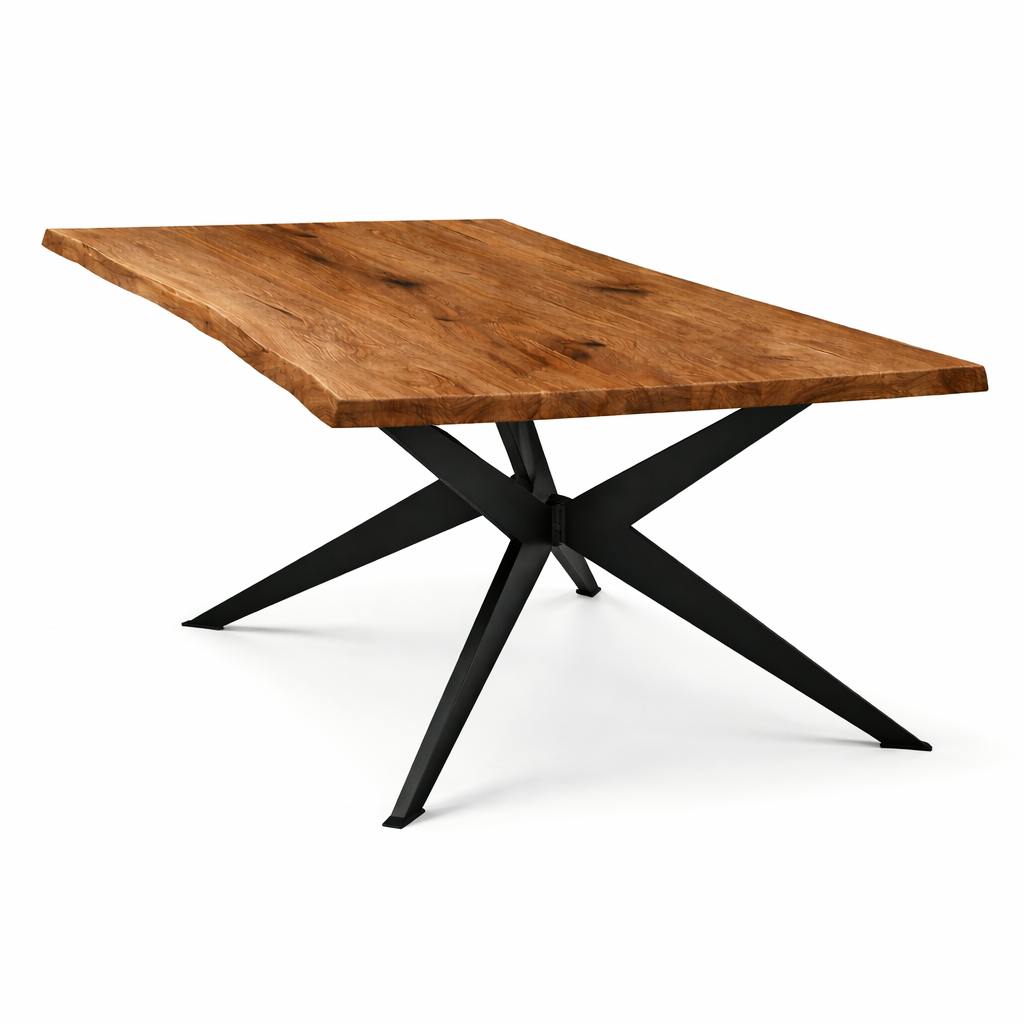 Table extensible chêne brun bords naturels pied graphique 240 cm PALERME