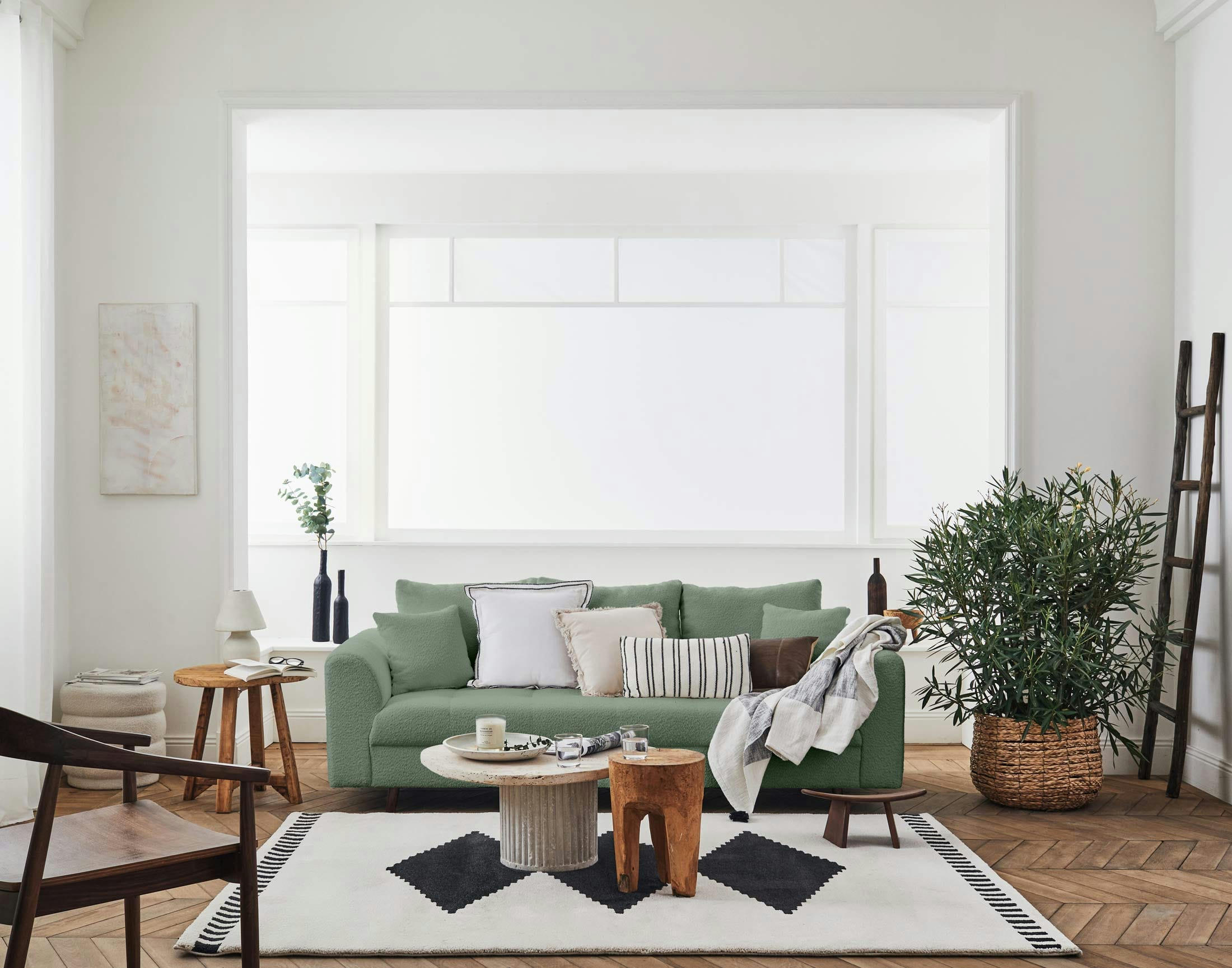 RUNE - Canapé droit 3 places en tissu bouclette vert sauge