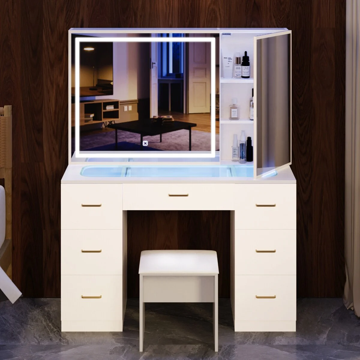 Glass Top Vanity Set with Lighted Mirror,Extra Large Mirror Makeup Vanity Table with 7 Drawers&Cushioned Stool