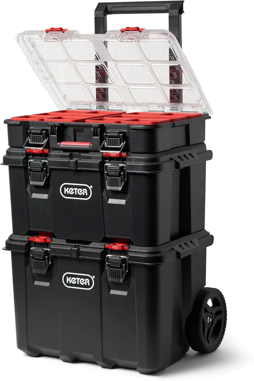 Keter Stack-n-Roll Modular Tools Organizer for Garage Storage and DIY, 3 Piece Resin Rolling Tool Box System for Small Parts(3PC System)