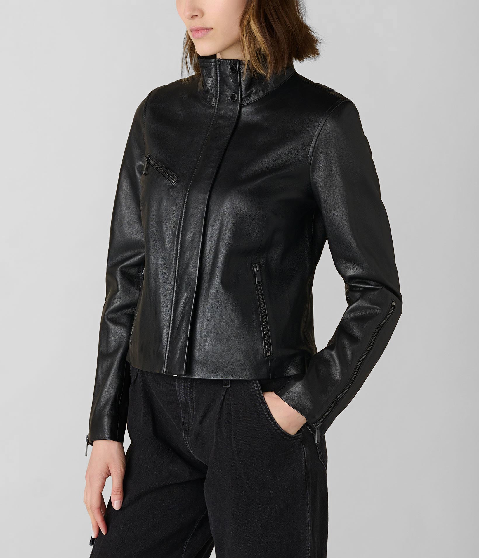 Button Neck Leather Jacket