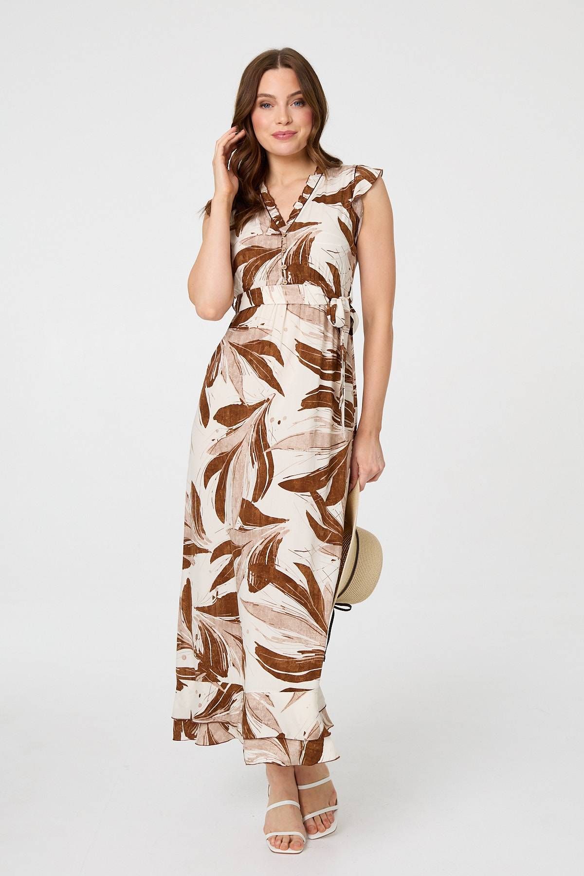 Izabel London Leaf Print Layered Tie Waist Maxi Dress