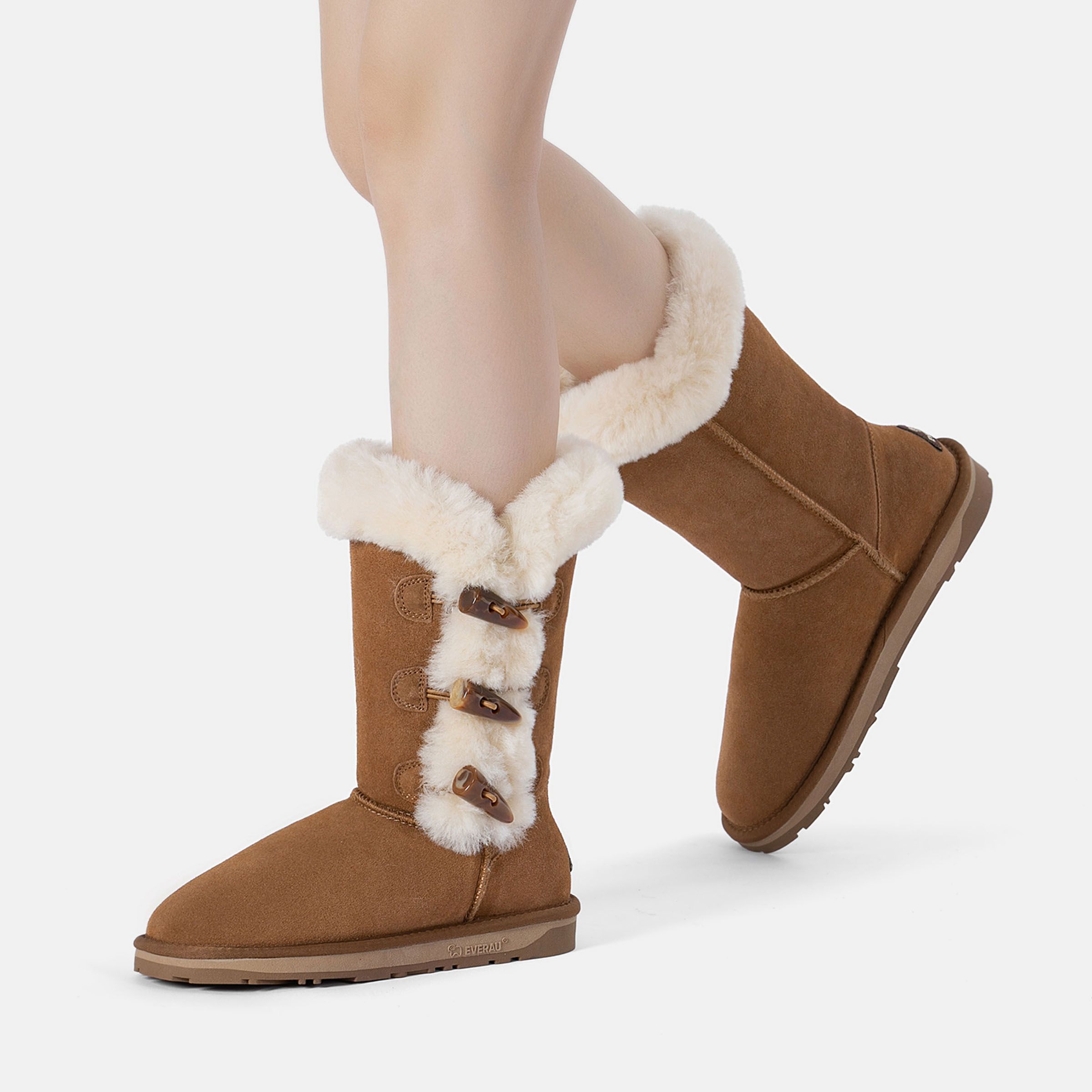 EverAu Australia Real Sheepskin Ashy Horn Toggle Buttons Tall Boots with TPR Sole