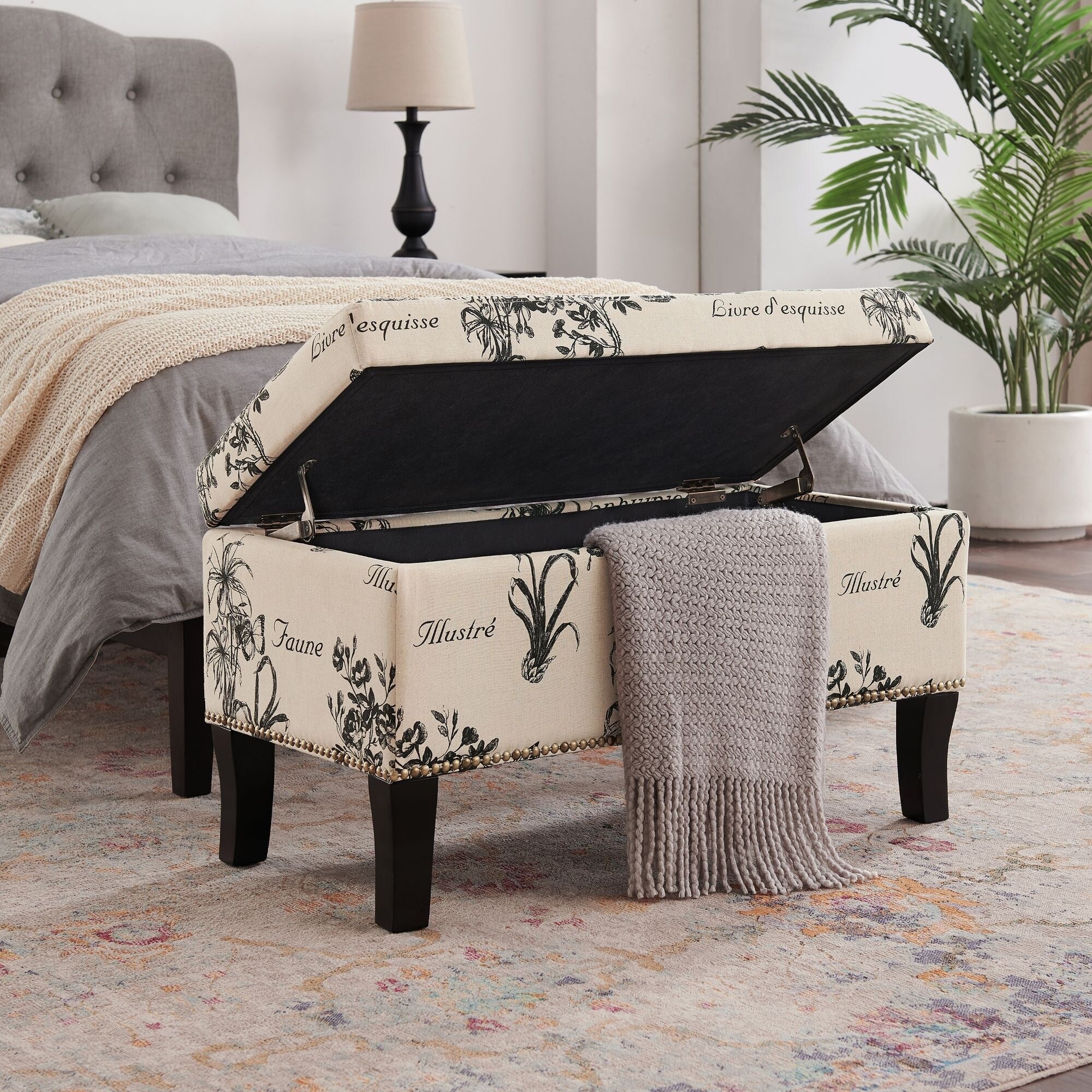 Upholstered Rectangular Botanical Storage Ottoman - 32 - Black