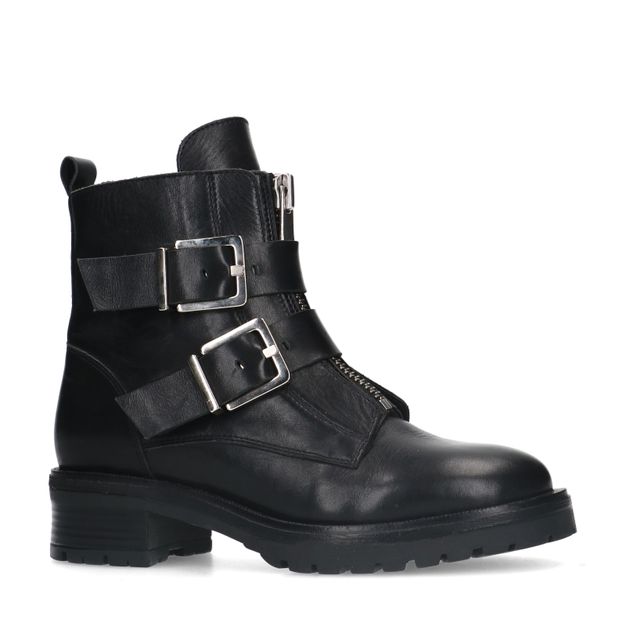 Zwarte leren biker boots met zilverkleurige gespen