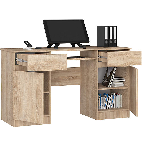 Bureau d'ordinateur AKORD A5 Chêne Sonoma 135 cm 2 portes 2 tiroirs façade Chêne Sonoma 5 étagères 135x50x77 cm