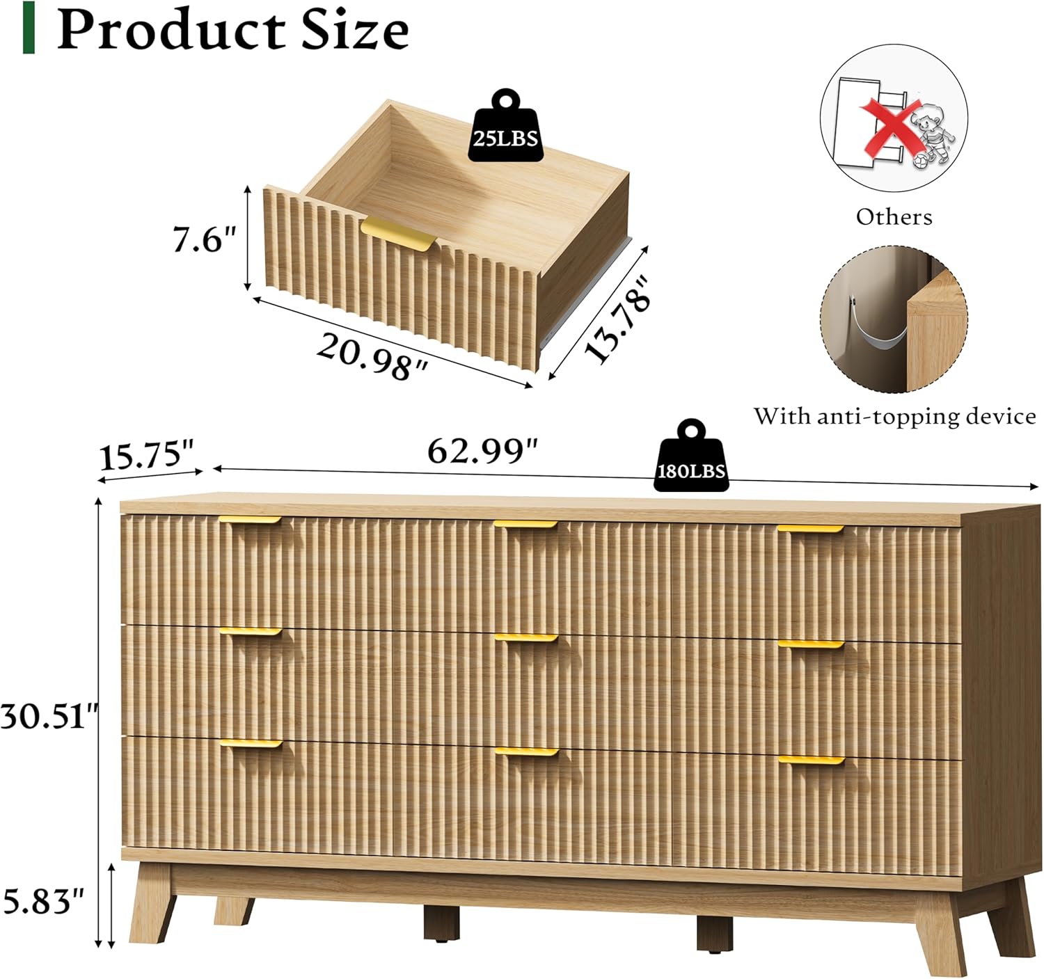 Fluted Dresser with 9 Drawers, 63 Wide Modern Chest of Drawers with Metal Handle, Wooden Dresser TV Stand, Wood Closet Clothes Storage Organizer for Bedroom, Living Room, Hallway, Natural Oak