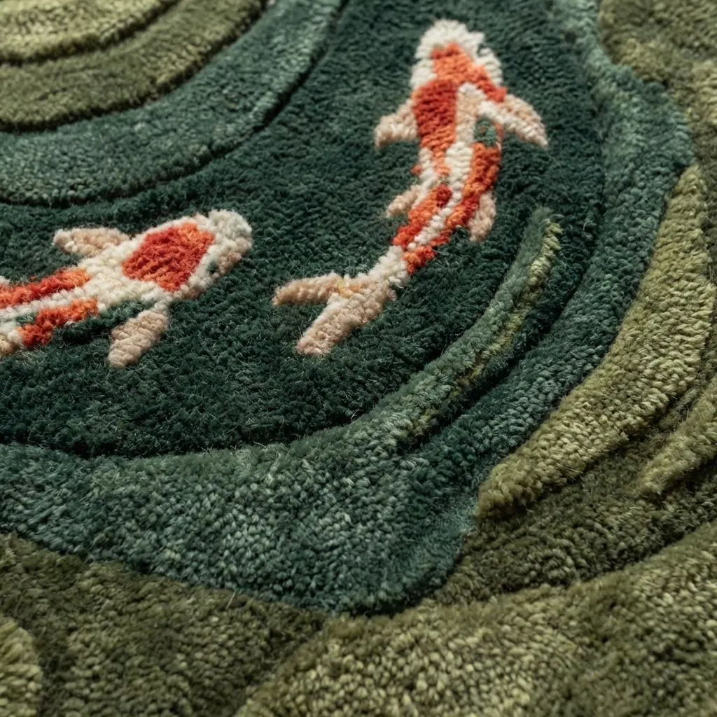 Koi Fish Pond Hand Tufted Rug, Irregular Shaped Wool Area Carpet