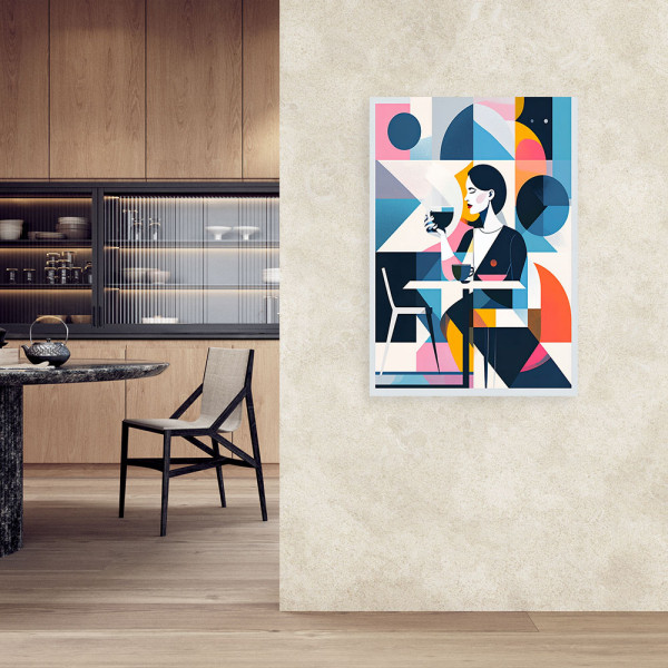 Obraz do salonu sypialni restauracji, Kobieta z kawą w stylu Bauhaus 20x30