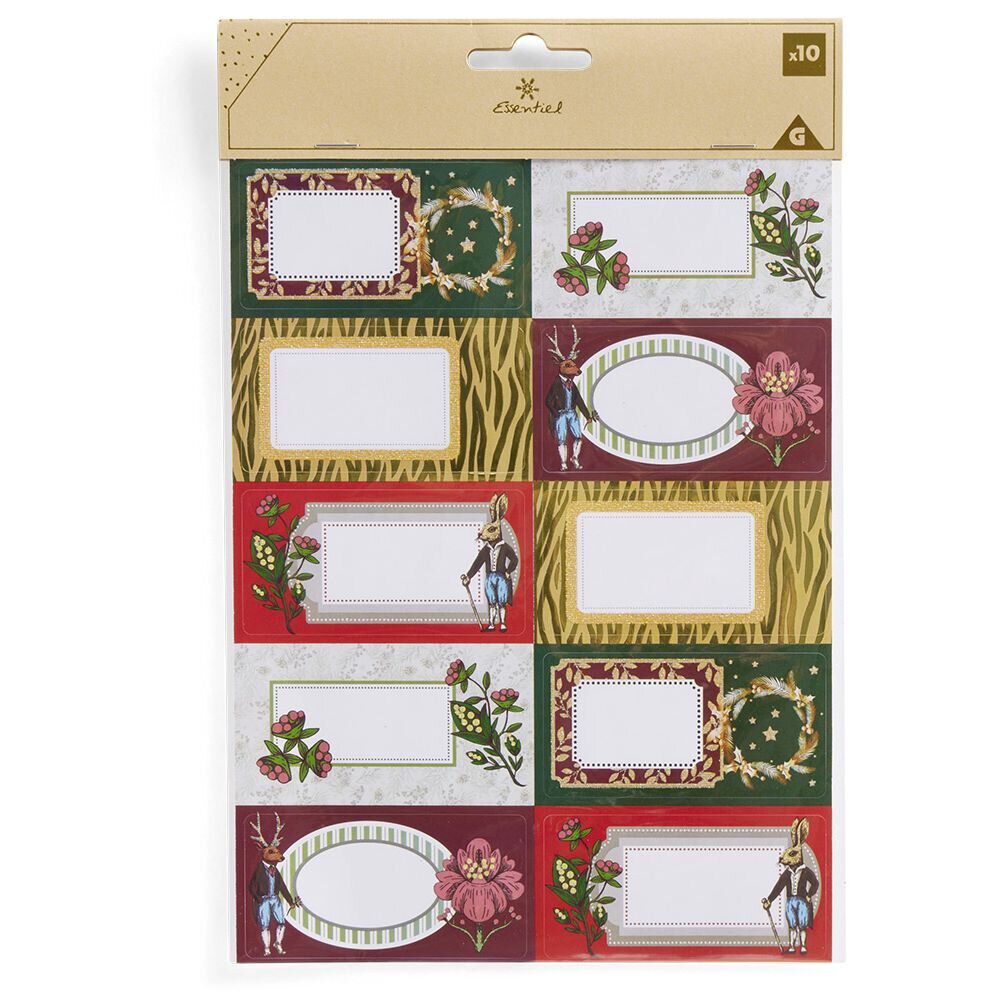 étiquette cadeau autocollante No&euml;l fleurs vintage lapin 4x8cm x10