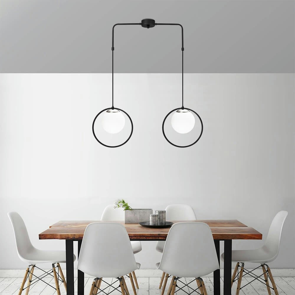 ESCOTT - Suspension forme anneau noir à 2 lumières avec sphère en verre opale