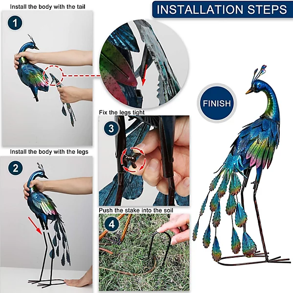 Décoration Jardin Extérieur Statue de Paon Imperméable Oiseau en Métal Grande Sculpture Terrasse Balcon 57cm