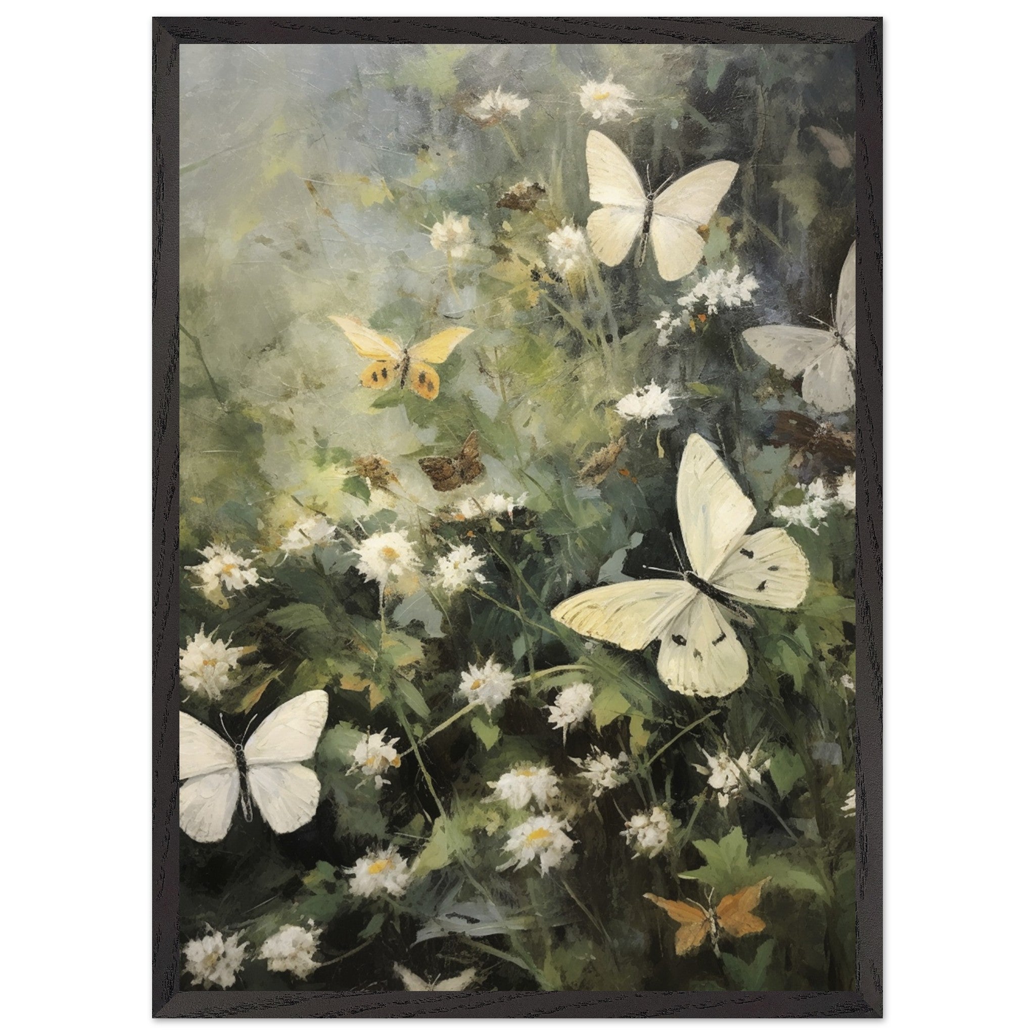 Artfulprints Poster met Lijst Butterflies in flowerfield  - 50x70 cm - Donkergroen