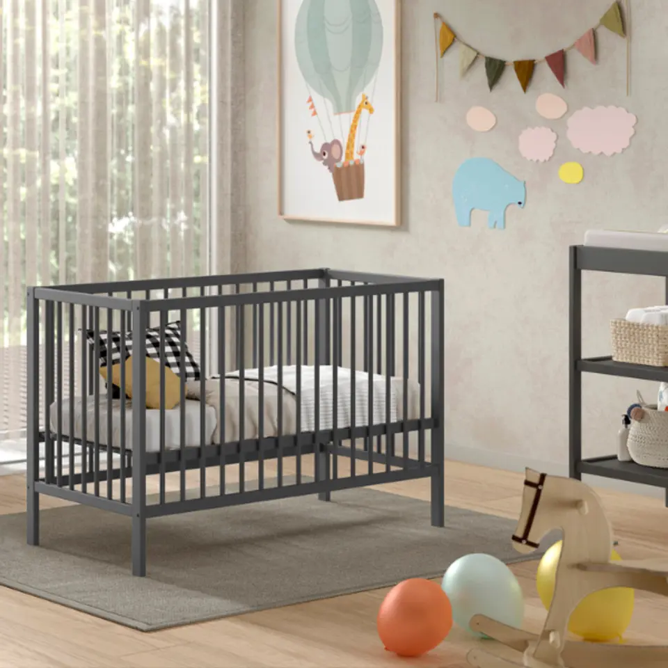 Vipack Babybed Dino - 60 x 120 cm - verstelbaar - antraciet dennenhout