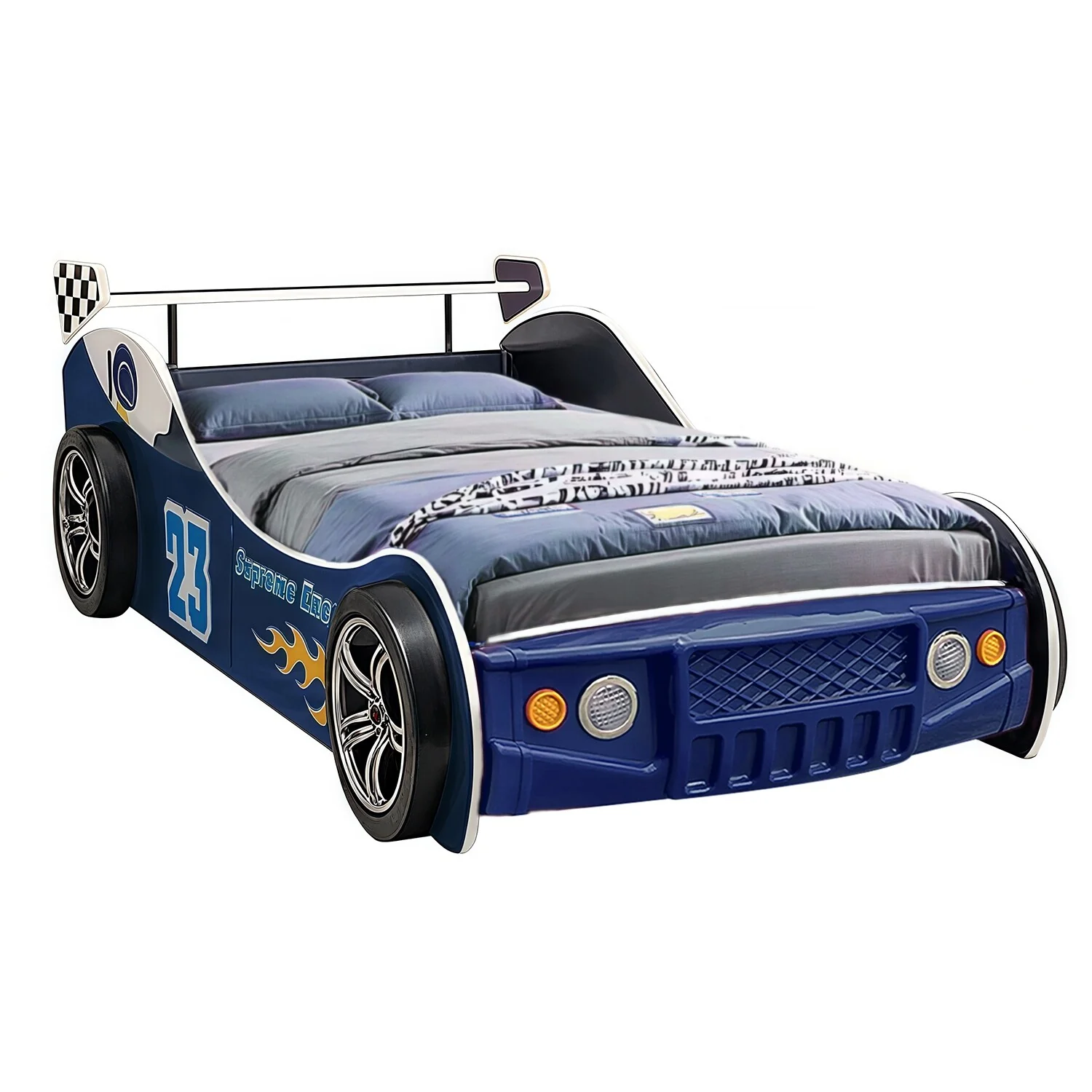 Twin Kids Racing Car Floor Bed with LED Night Light, Safety Guardrail, and Sturdy Wood Slat Support
