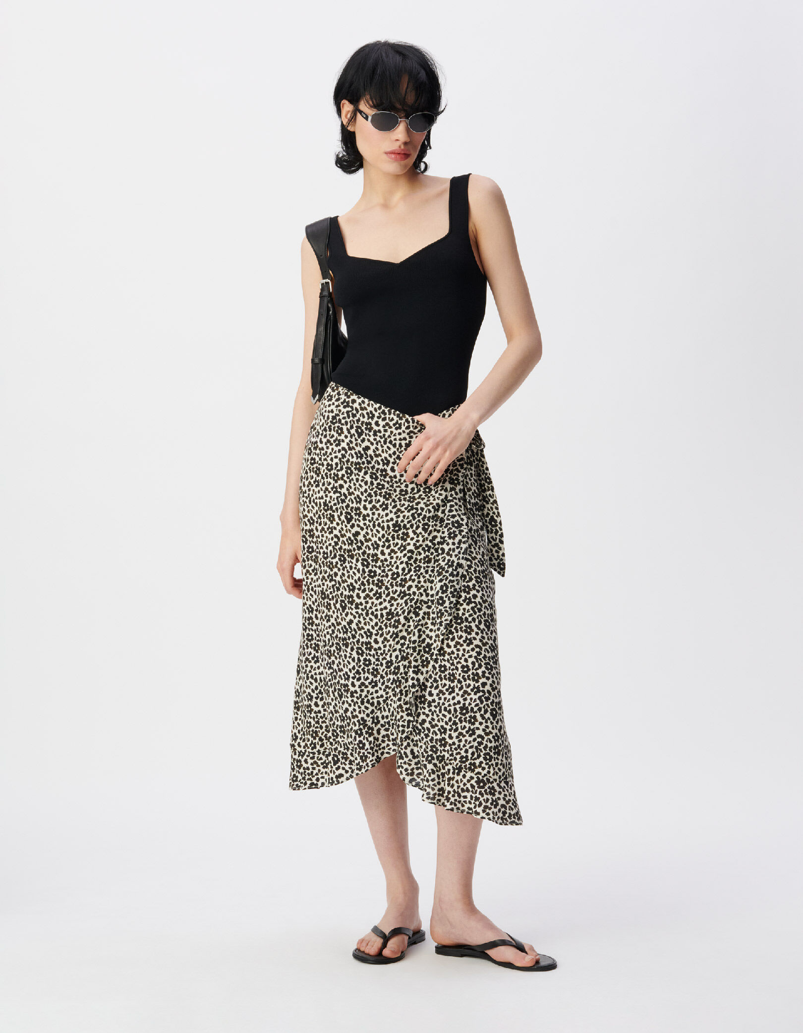 Jupe midi portefeuille écru imprimé léo-fleurs Femme