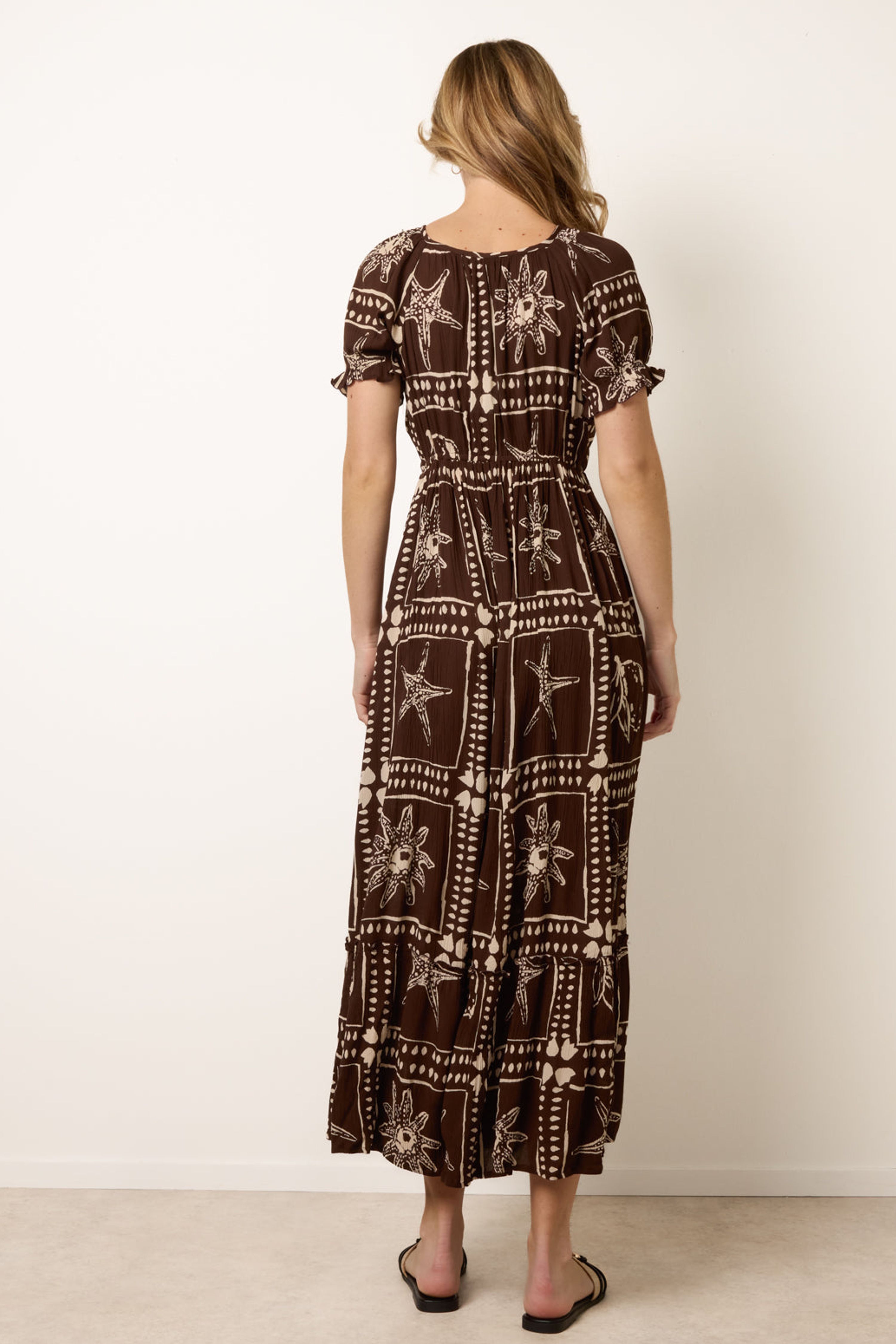 Blue Vanilla Brown Starfish Print Tie Front Maxi Dress