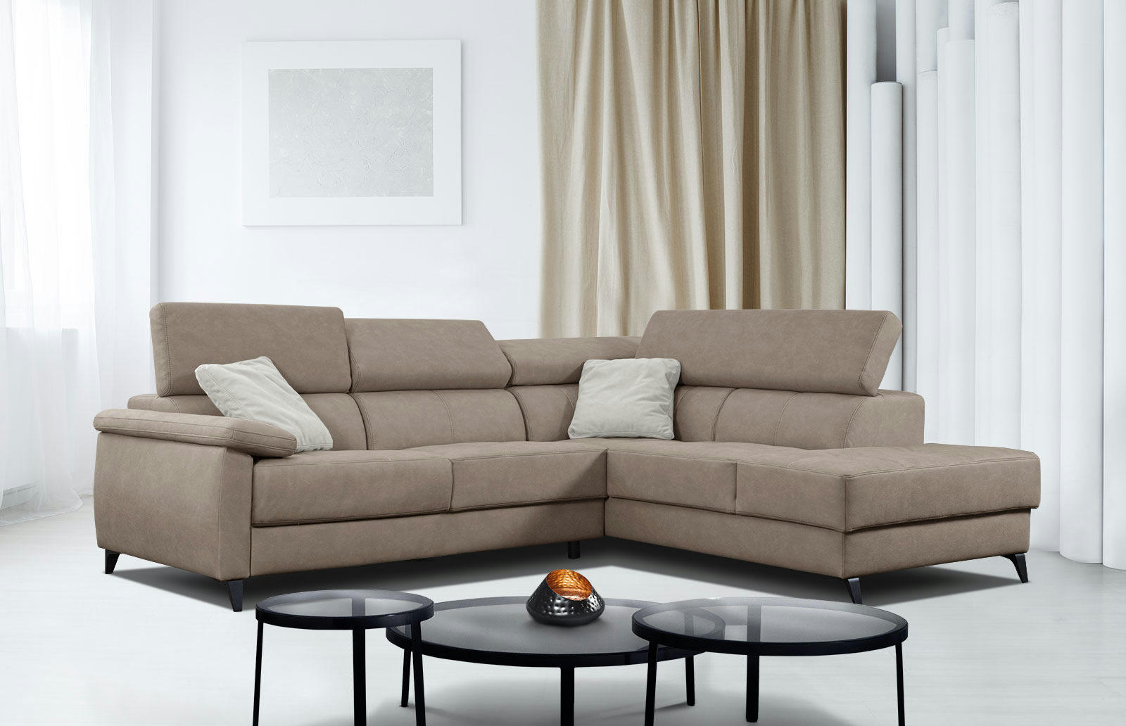 TAUNUS - Canapé d'angle droit 5 places beige foncé