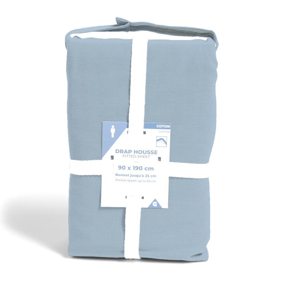 Drap housse 90x190cm 100% coton bleu chiné