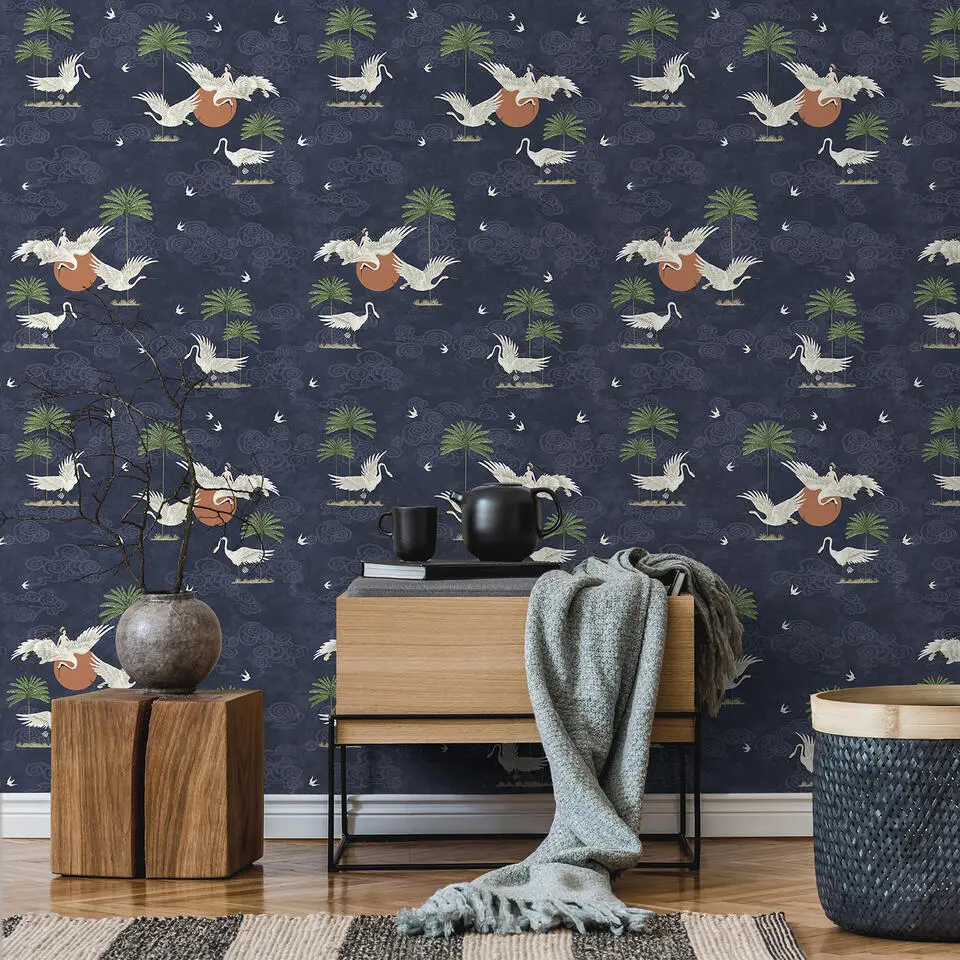 Walls4You behang kraanvogels donkerblauw en bruin - 53 cm x 10 m