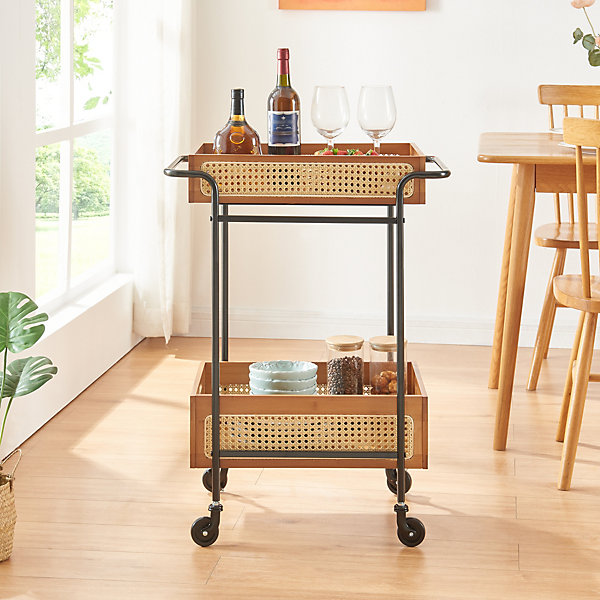Chariot de service Tervola 81 x 61 x 39 cm noir effet bois aspect rotin en.casa