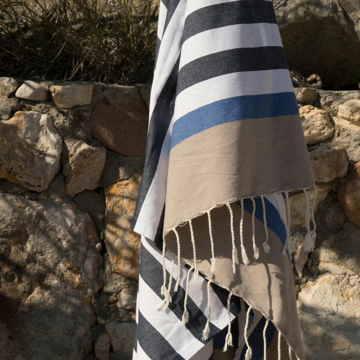 ARCACHON - Fouta tricolore coton  100x200 bleu jean / bleu grec