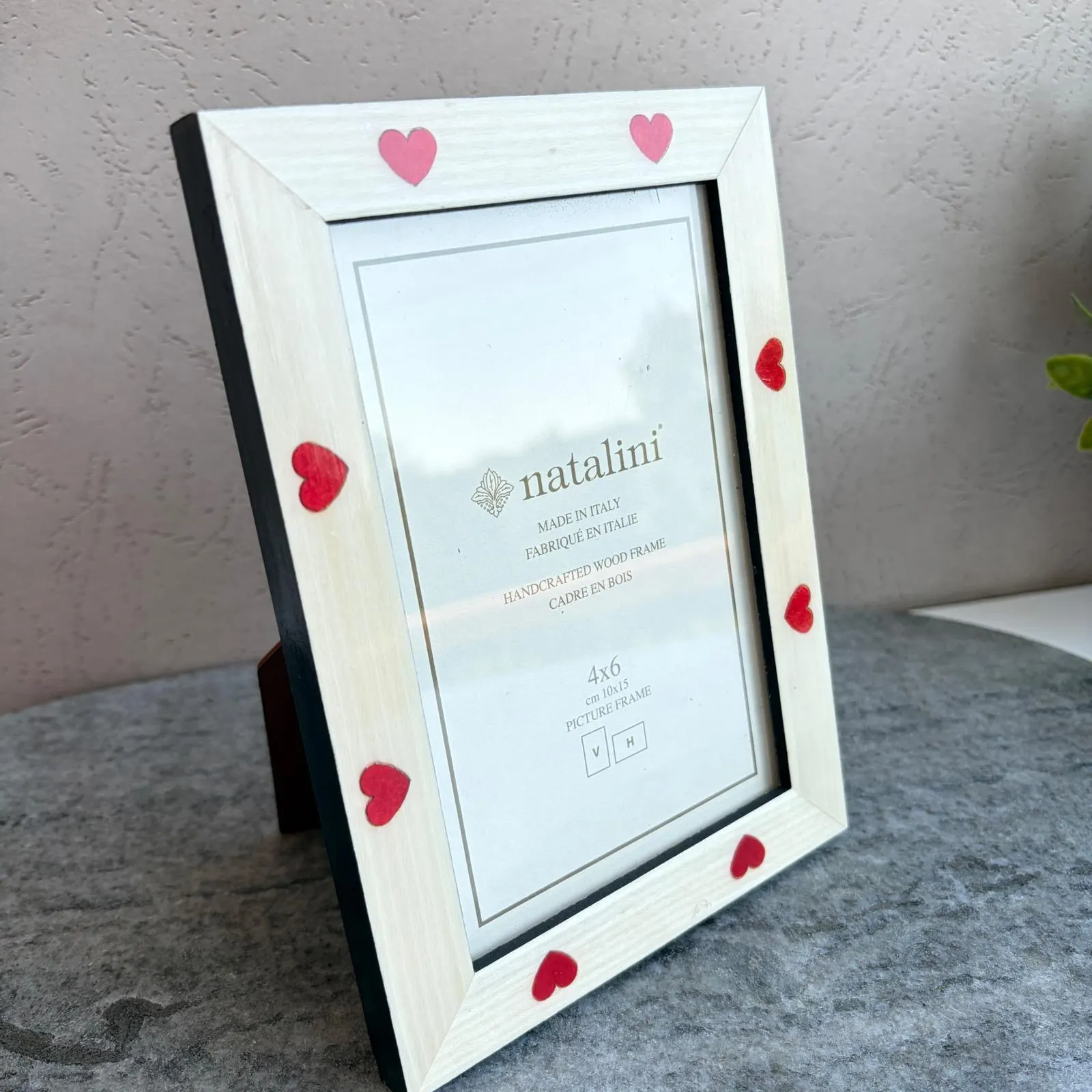 Natalini Italy Handcrafted Wood 4x6 Picture Frame Cream Red Inlaid Hearts
