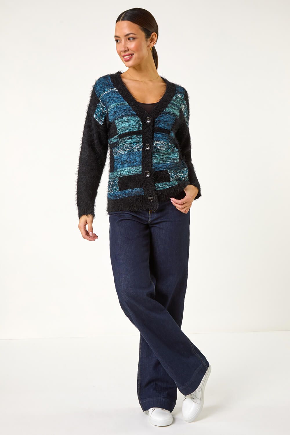 Roman Colour Block Fluffy Knit Cardigan