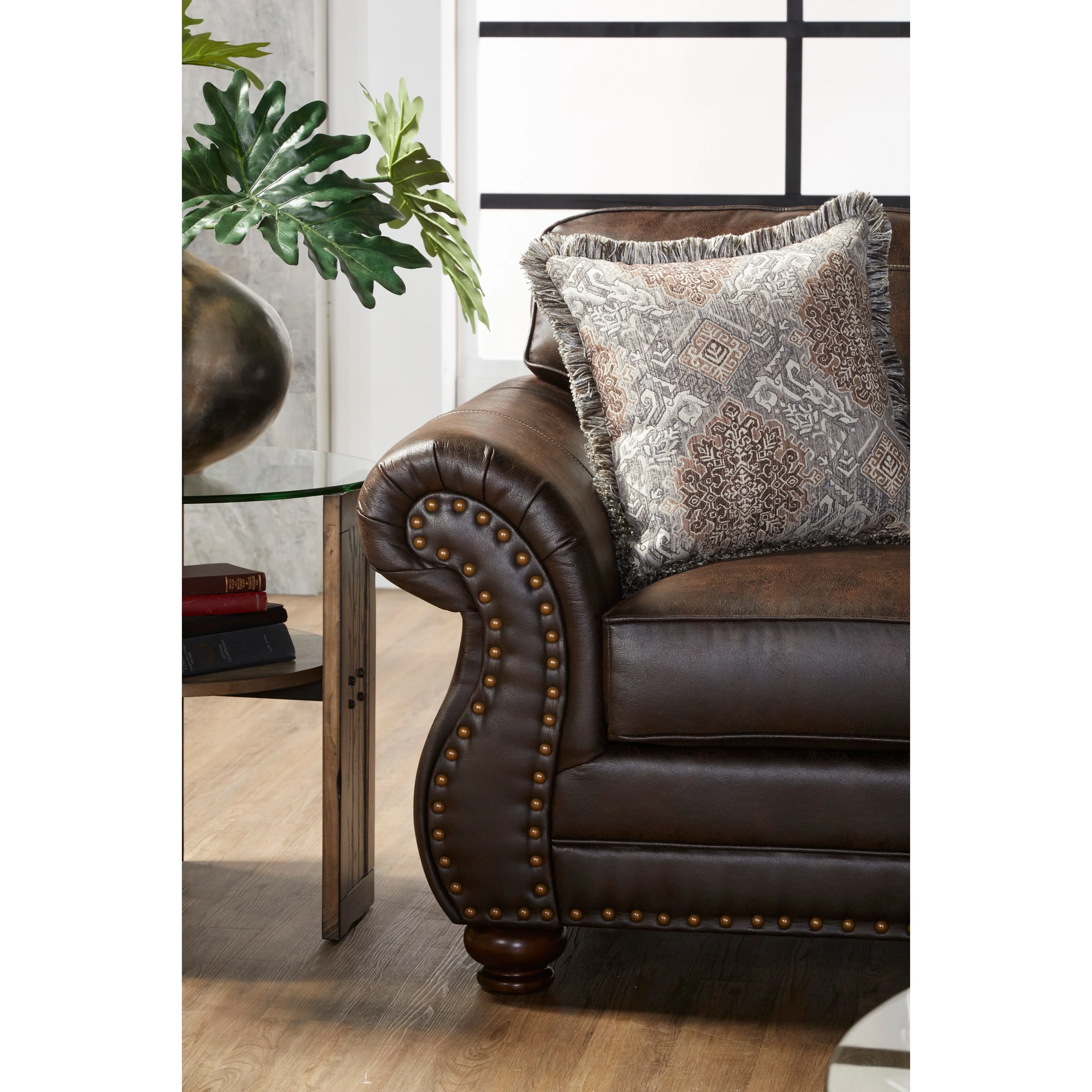 Roundhill Furniture Leinster Fabric Upholstered Nailhead Chair and Ottoman in Espresso