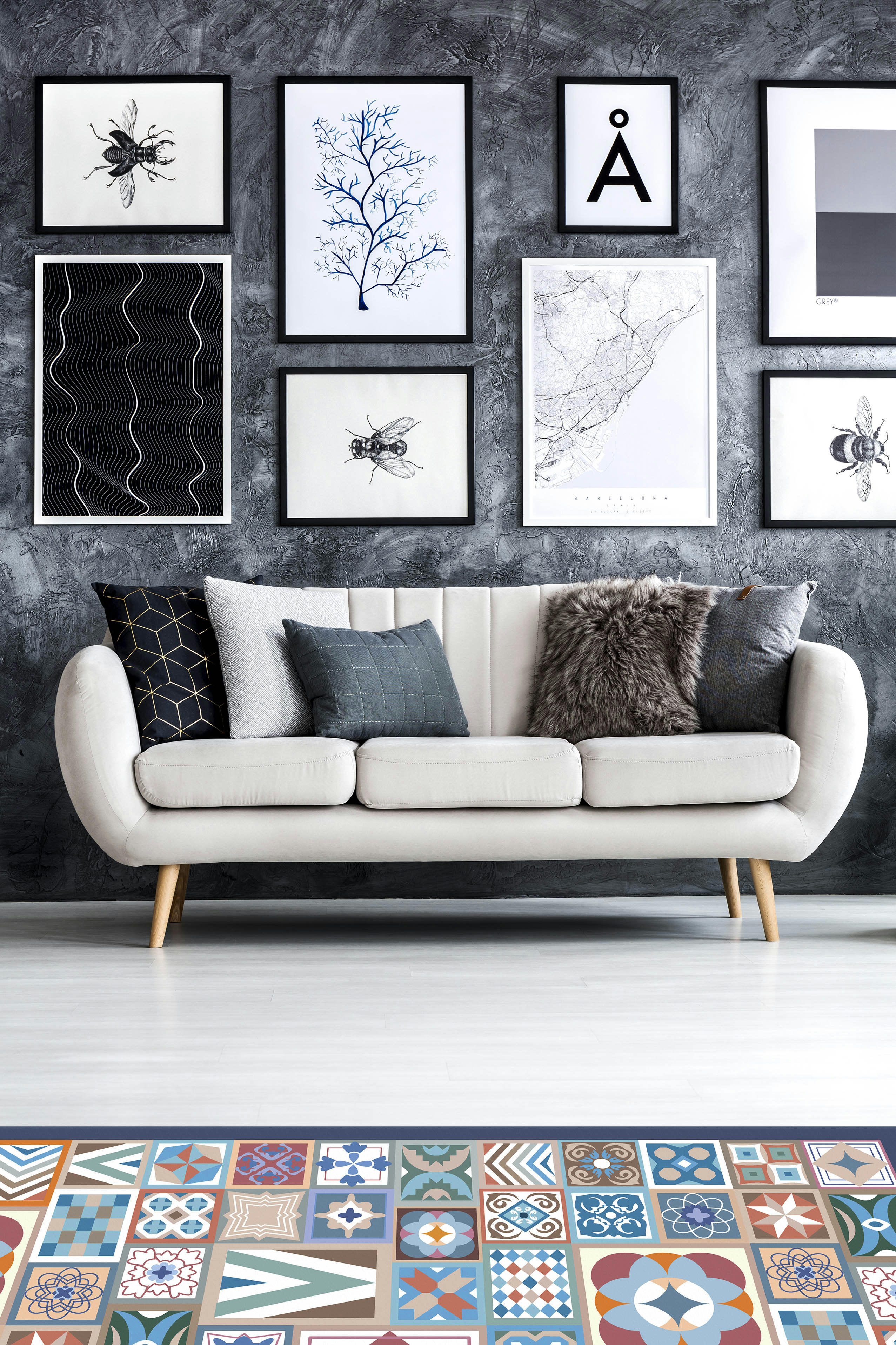 - Tapis vinyle style carreaux ciments multicoleur 80x250cm